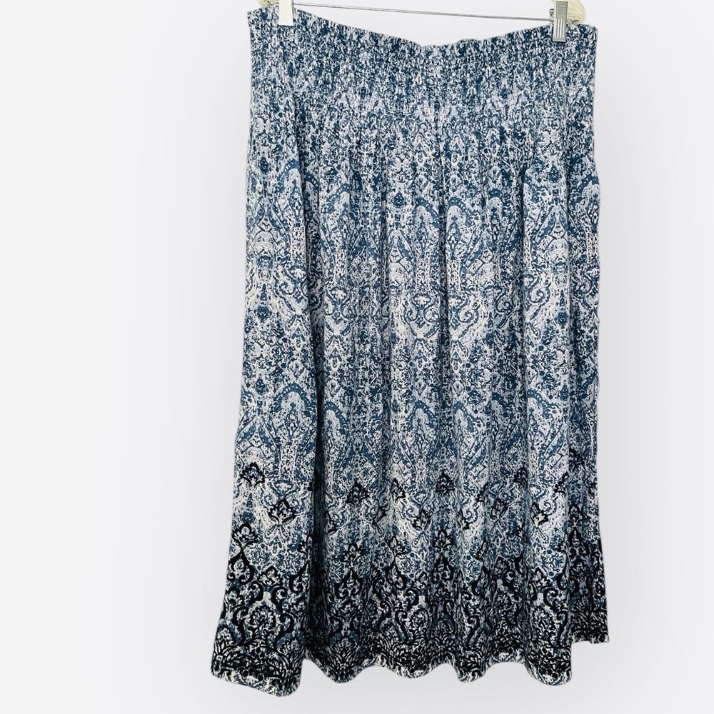 J. Jill Smocked Waist Printed Maxi Cotton Bohemian Skirt Tassels Blue White M - Picture 3 of 8